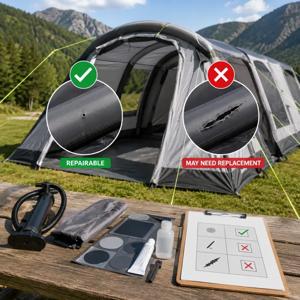 Camper inspecting a damaged inflatable camping tent air beam to determine whether it can be repaired