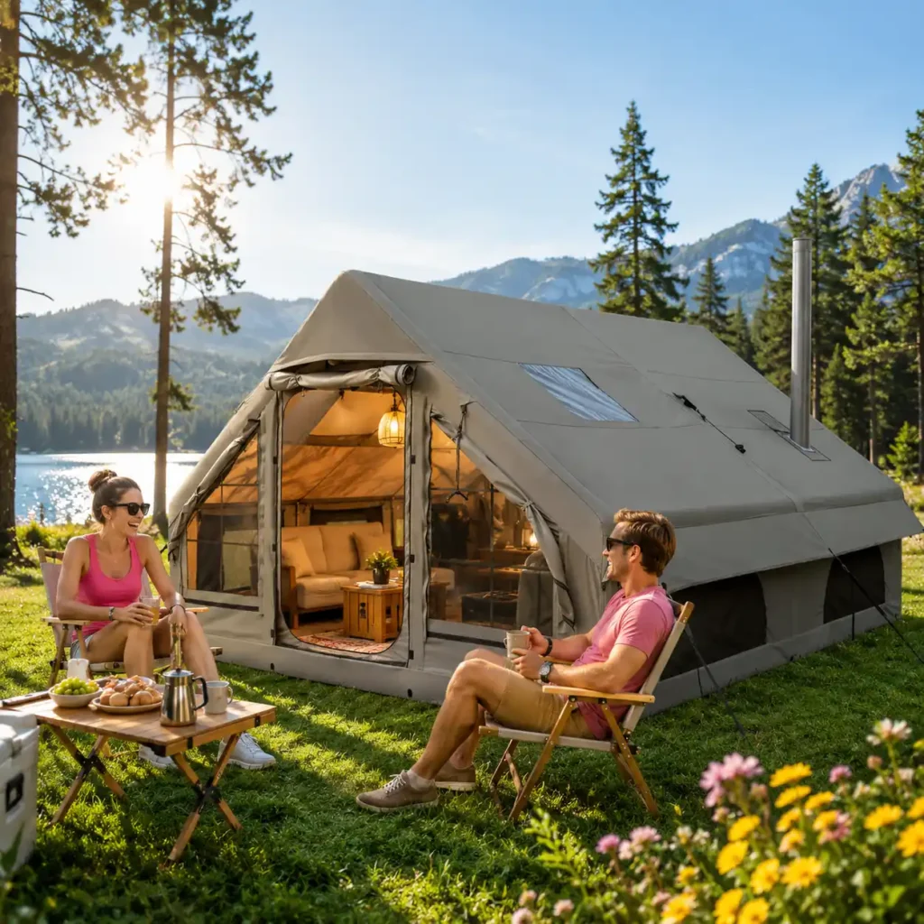 Couple enjoying a luxury glamping retreat beside the KAIJIENOO luxury inflatable camping tent on a sunny lakeside campsite