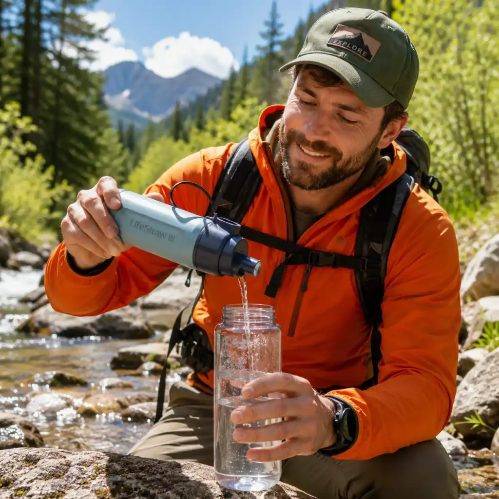 Hiker using the LifeStraw Peak Series Solo to filter drinking water from a clear mountain stream during a sunny camping trip.