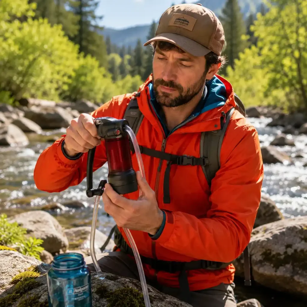 Camper using the MSR Guardian water purifier beside a mountain river to produce safe drinking water during a backcountry adventure.