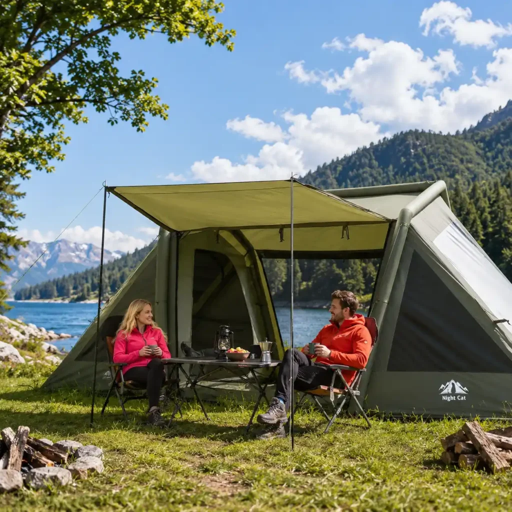 Couple relaxing outside the Night Cat Inflatable Camping Tent at a scenic lakeside campsite, showcasing the spacious awning, inflatable air-frame, comfortable outdoor living area, and mountain views