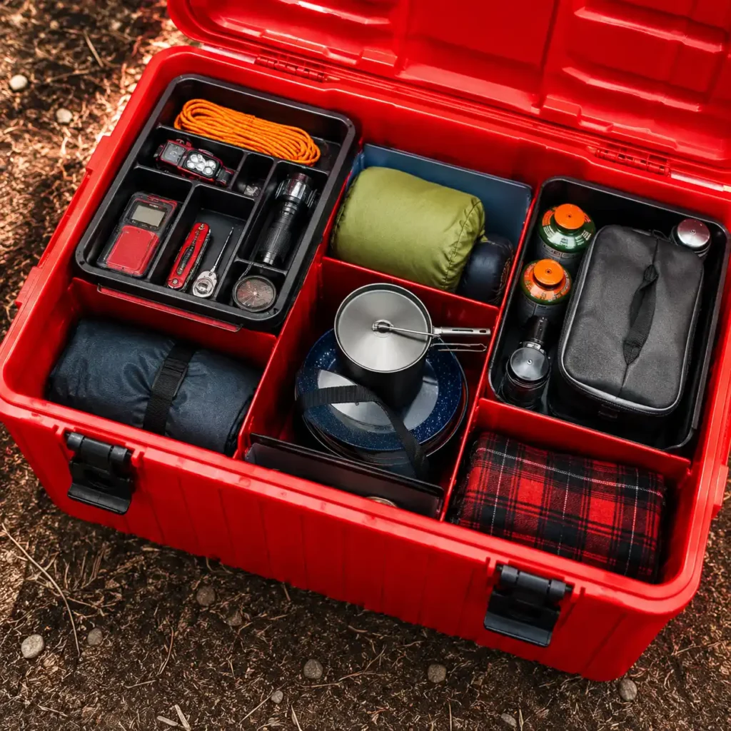 Organized camping storage trunk with dividers separating cooking gear, tools, lighting, and camping essentials at a sunny campsite