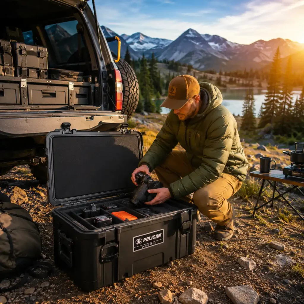 Camper retrieving camera equipment from a Pelican BX135 Cargo Case at a sunny mountain overlanding campsite