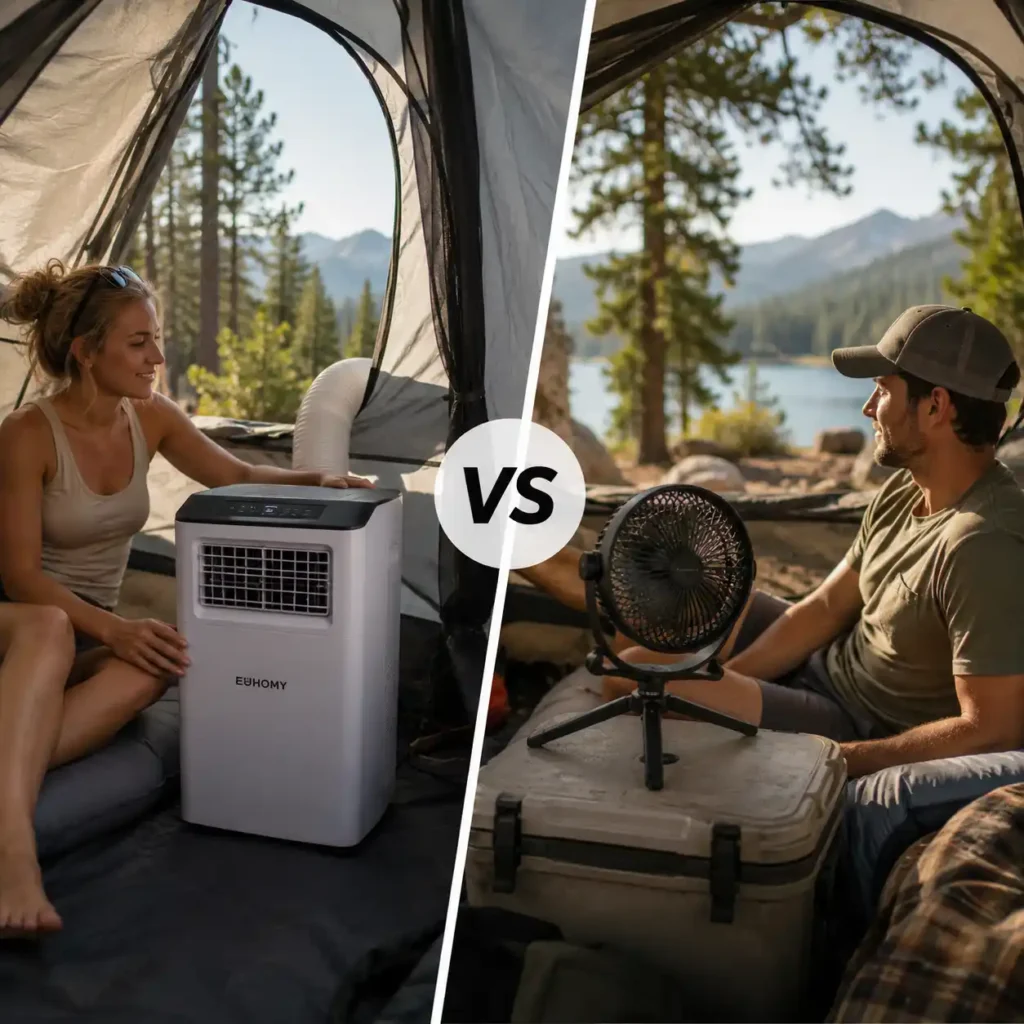 Side-by-side comparison of a portable camping air conditioner and a camping fan inside camping tents, showing the difference between active cooling and air circulation during summer camping.