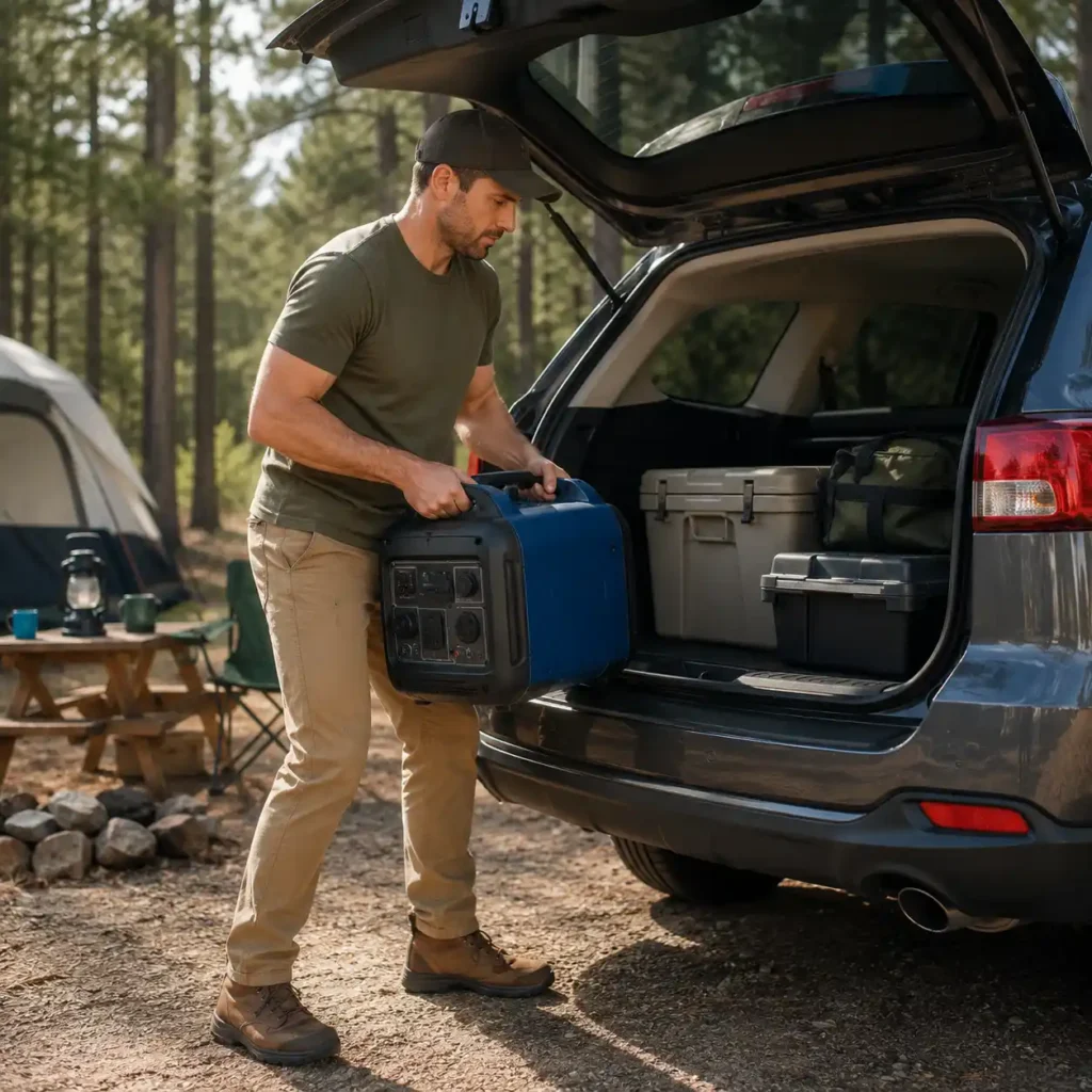 Camper lifting a portable inverter generator from an SUV at a sunny campsite, demonstrating why generator portability matters for camping