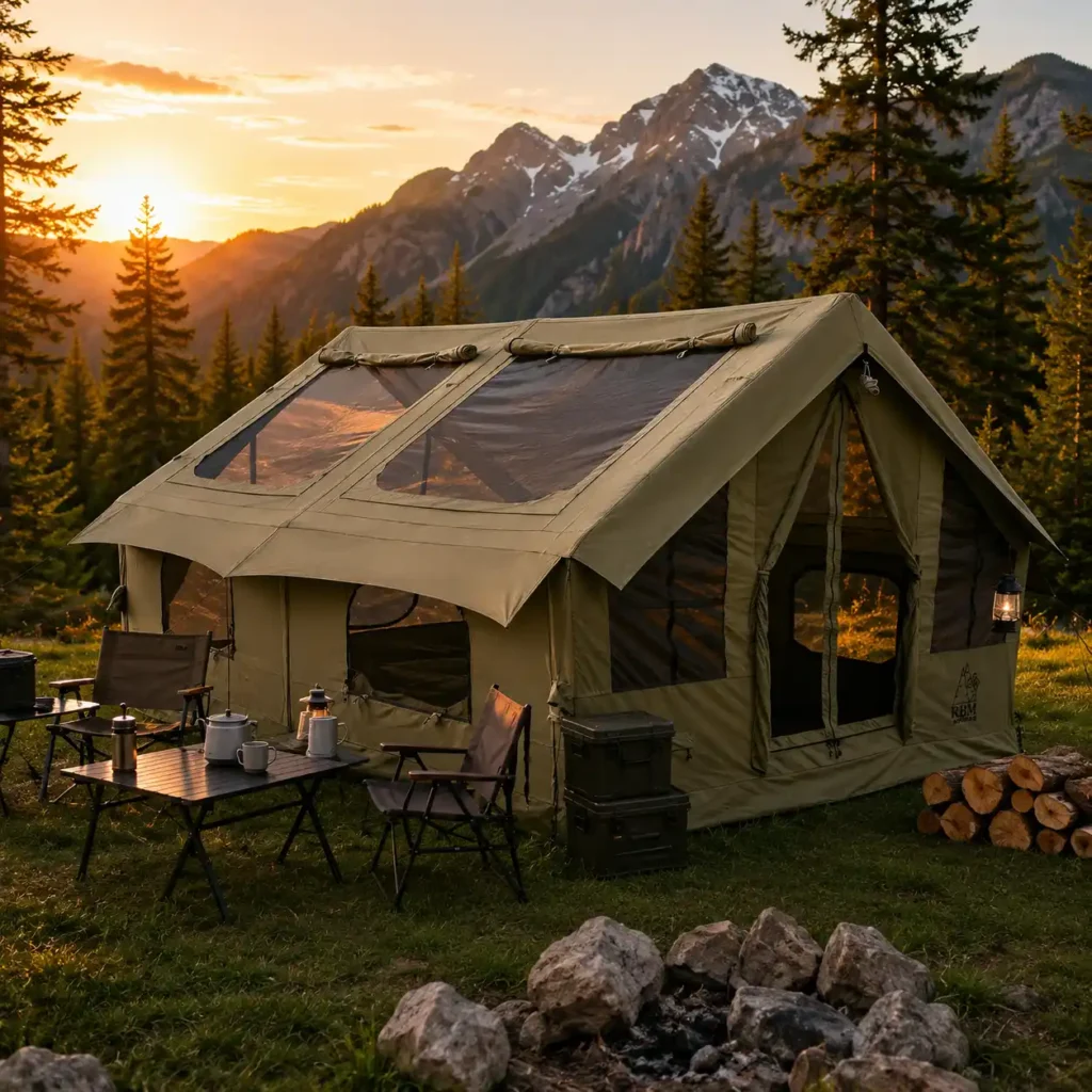 RBM Outdoors inflatable canvas camping tent at a scenic mountain campsite during golden hour with camping furniture and outdoor gear