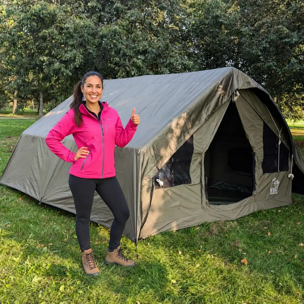Smiling woman giving a thumbs up beside the RBM Outdoors Inflatable Canvas Camping Tent at a campsite, showing satisfaction with its spacious design and weather-ready construction