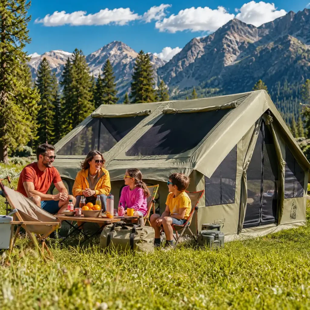 Family relaxing outside the RBM Outdoors Panda Air Large Khaki inflatable camping tent on a sunny summer camping trip