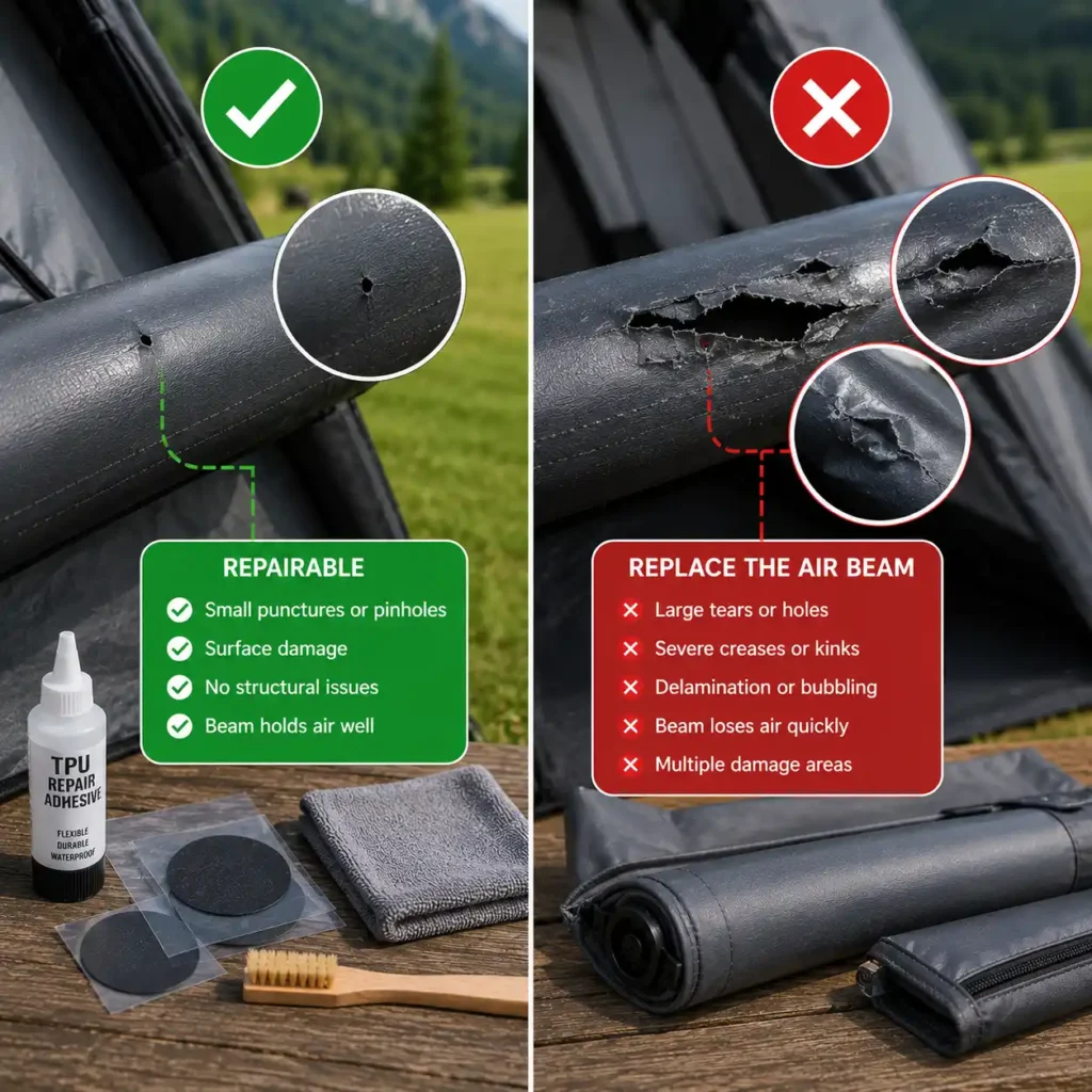 Comparison showing a repairable puncture versus a severely damaged inflatable camping tent air beam that should be replaced