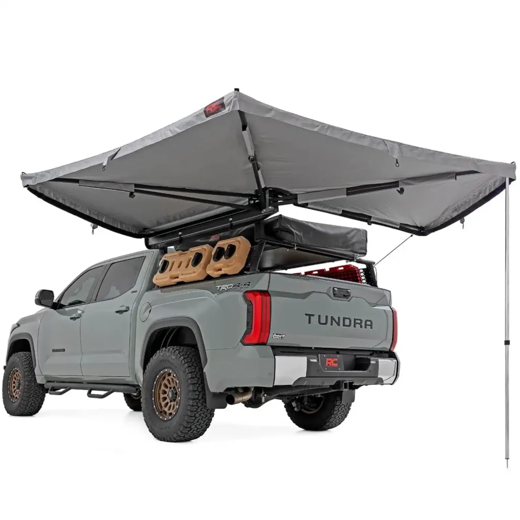 Rough Country 270 Degree Awning mounted on an off-road SUV for overlanding, remote camping, and backcountry adventures.