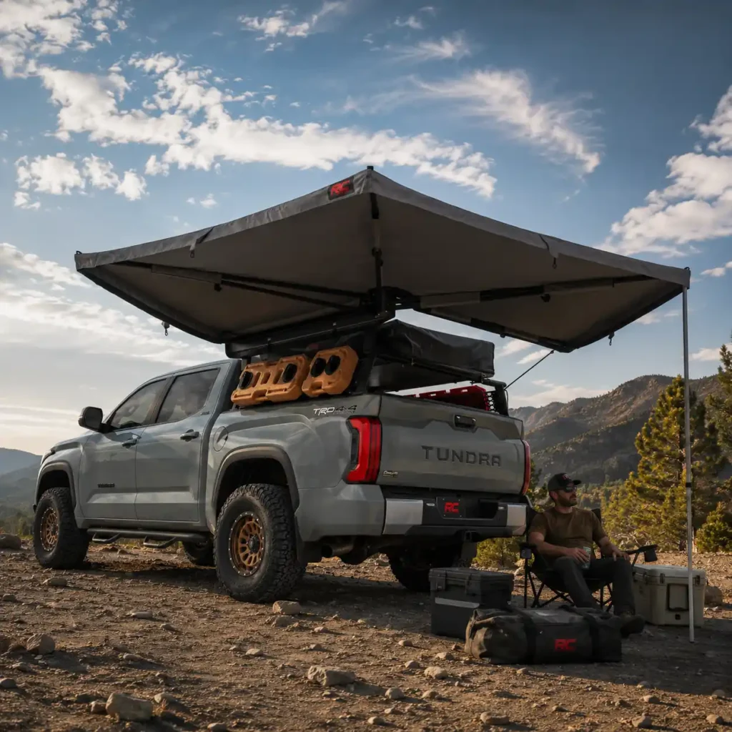 Rough Country 270 Degree Awning providing spacious shade beside an off-road pickup truck during a remote overlanding camping adventure.