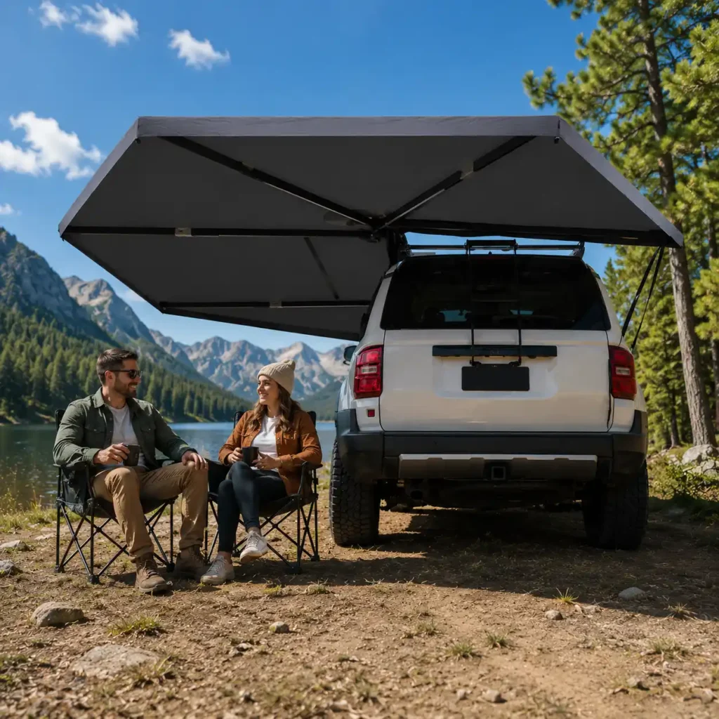 Sanhima 270 Freestanding Awning providing spacious shade for a couple relaxing beside an SUV at a scenic mountain lakeside campsite.