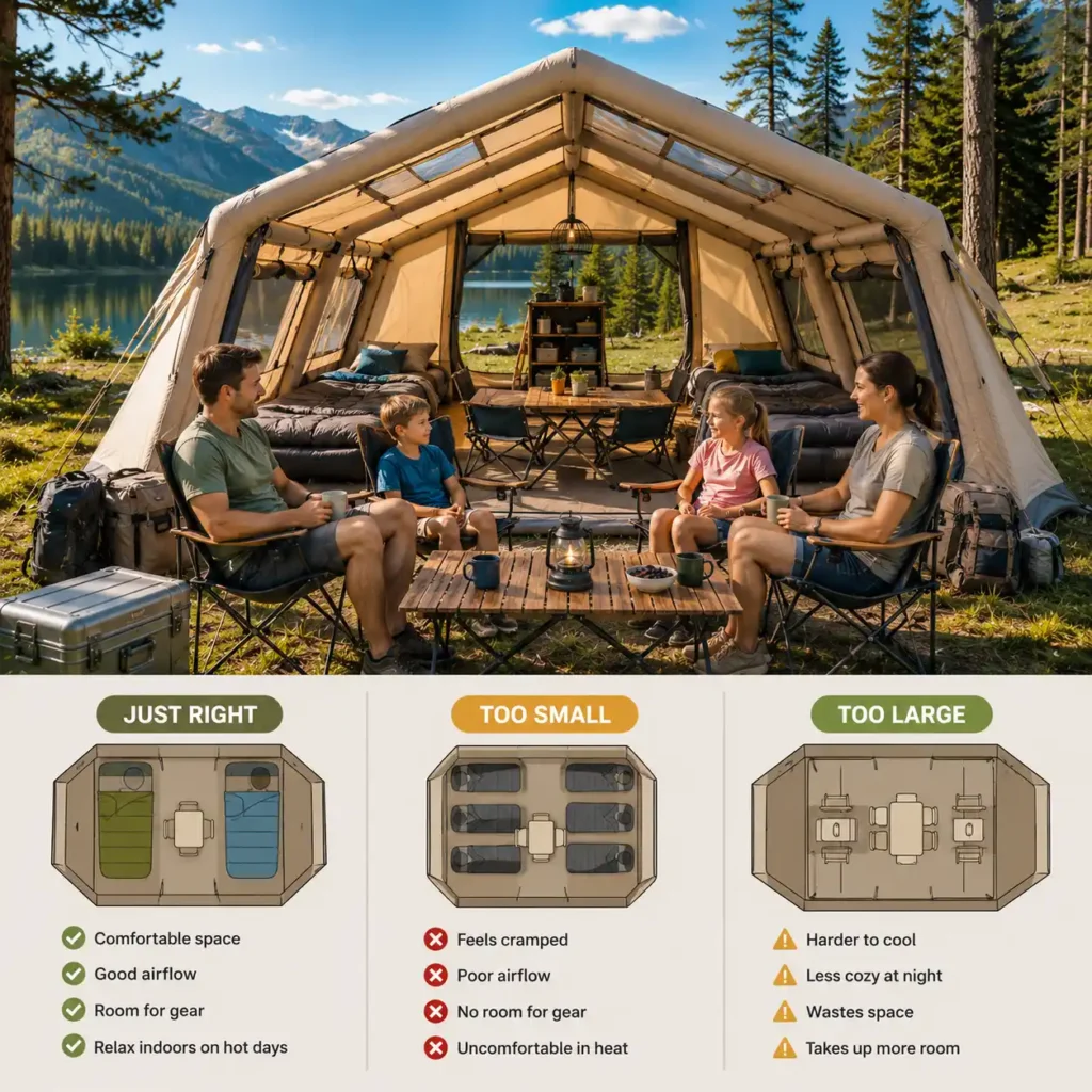 Family choosing the right size inflatable camping tent with spacious interior for comfortable hot weather camping