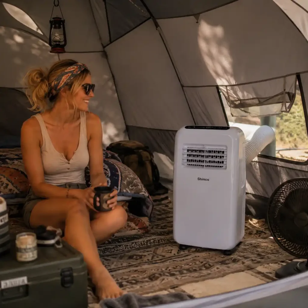 Woman relaxing inside a spacious camping tent with a Shinco portable air conditioner keeping the tent cool during a hot summer camping trip.