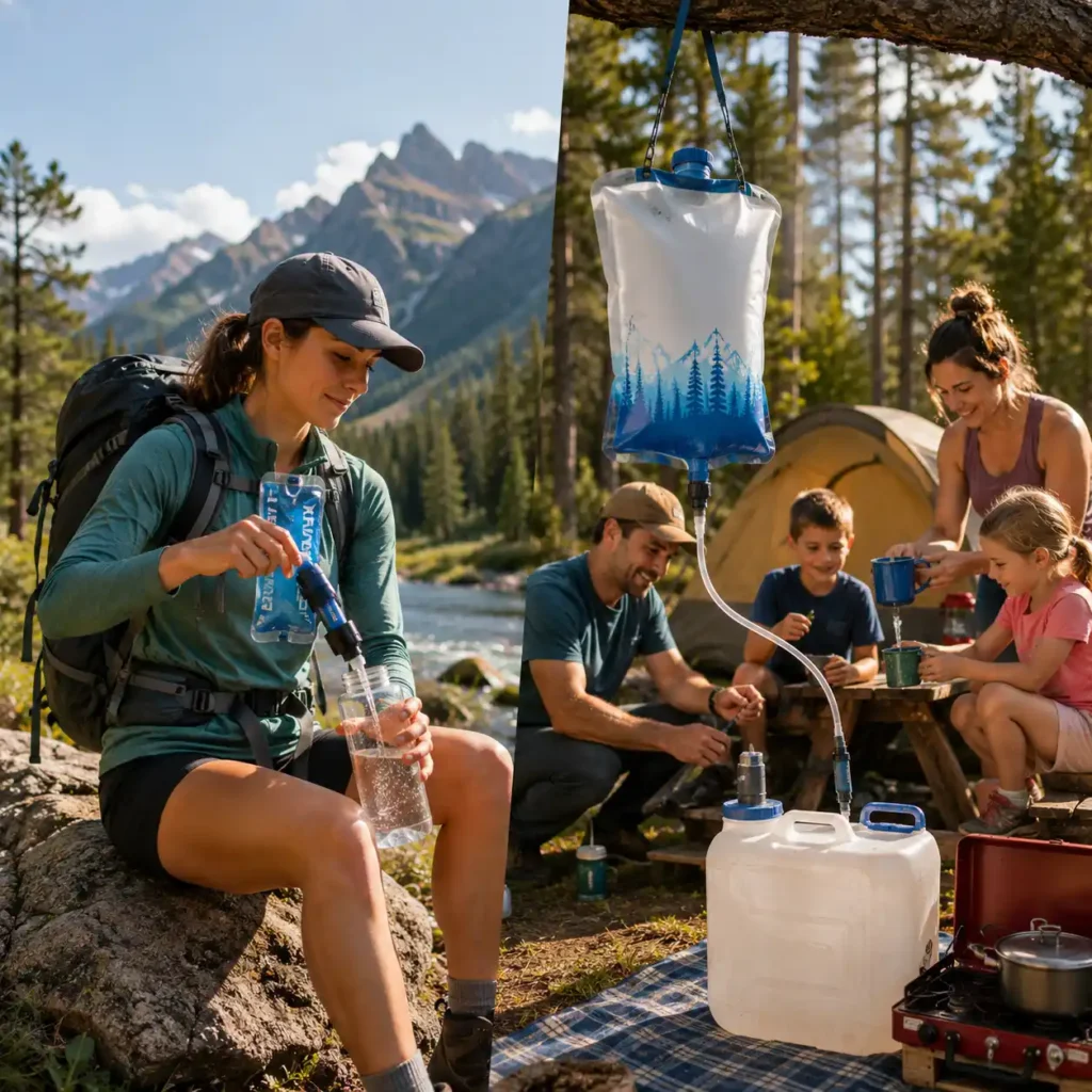 Comparison of solo hiking and family camping water filtration, showing a backpacker filtering water from a mountain stream and a gravity water filter supplying clean water at a family campsite.