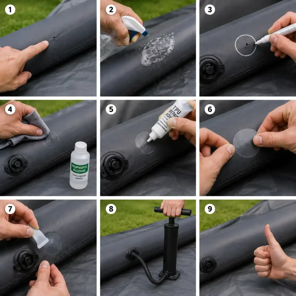 Step-by-step process of repairing an inflatable camping tent air beam, including cleaning the damaged area, applying adhesive, attaching a TPU patch, inflating the air tube, and testing the repair