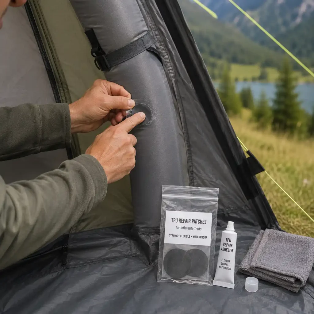 Camper performing a temporary field repair on an inflatable camping tent air beam using a TPU repair patch at a mountain campsite