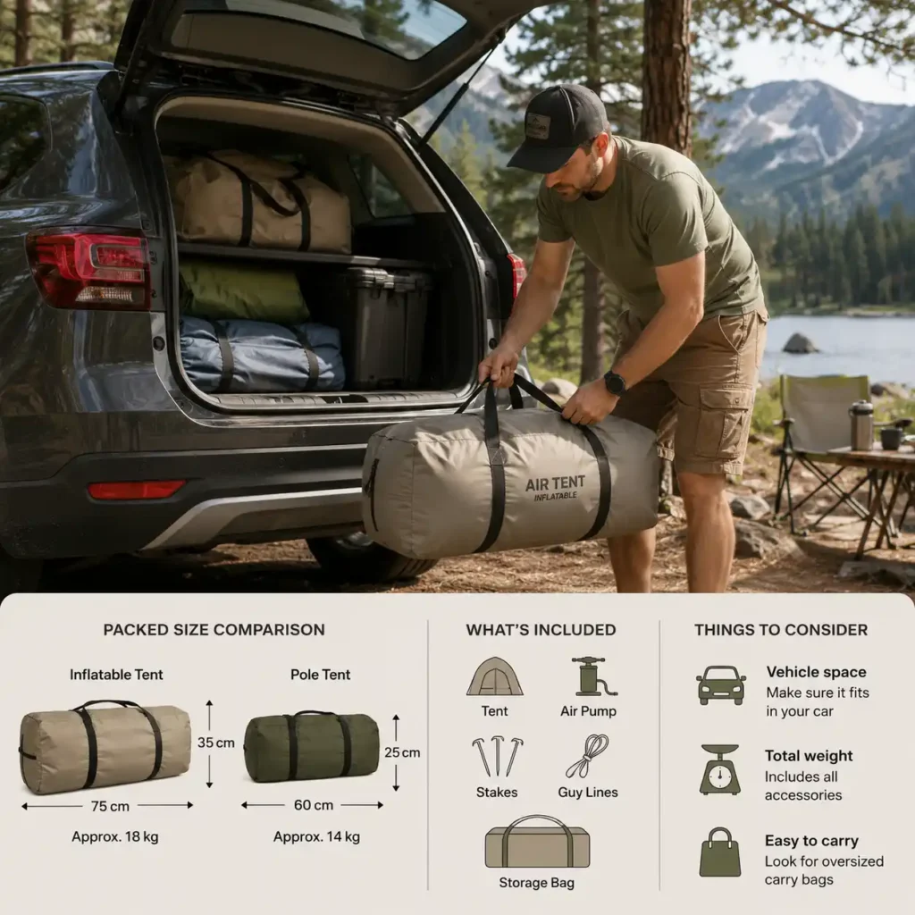 Camper loading a packed inflatable camping tent into an SUV with camping gear before a hot weather camping trip