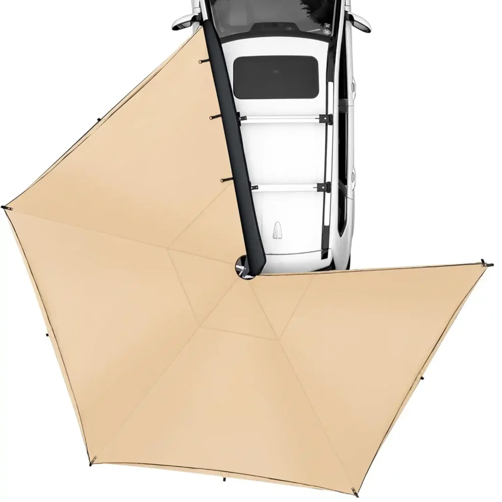 VEVOR 270 Degree Awning mounted on an SUV for vehicle camping, overlanding, and outdoor adventures.