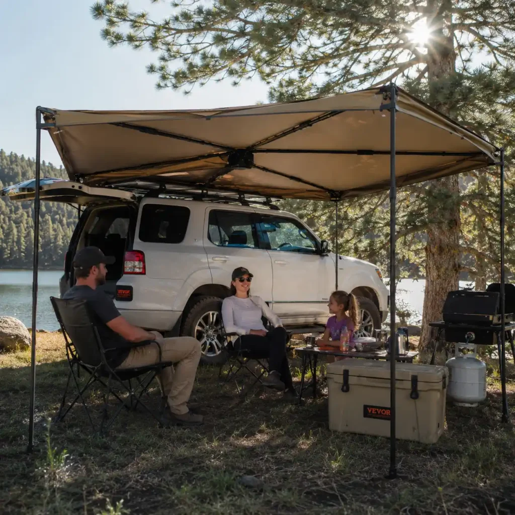 VEVOR 270 Degree Awning providing shade for a family enjoying an SUV camping trip by a lakeside campsite.