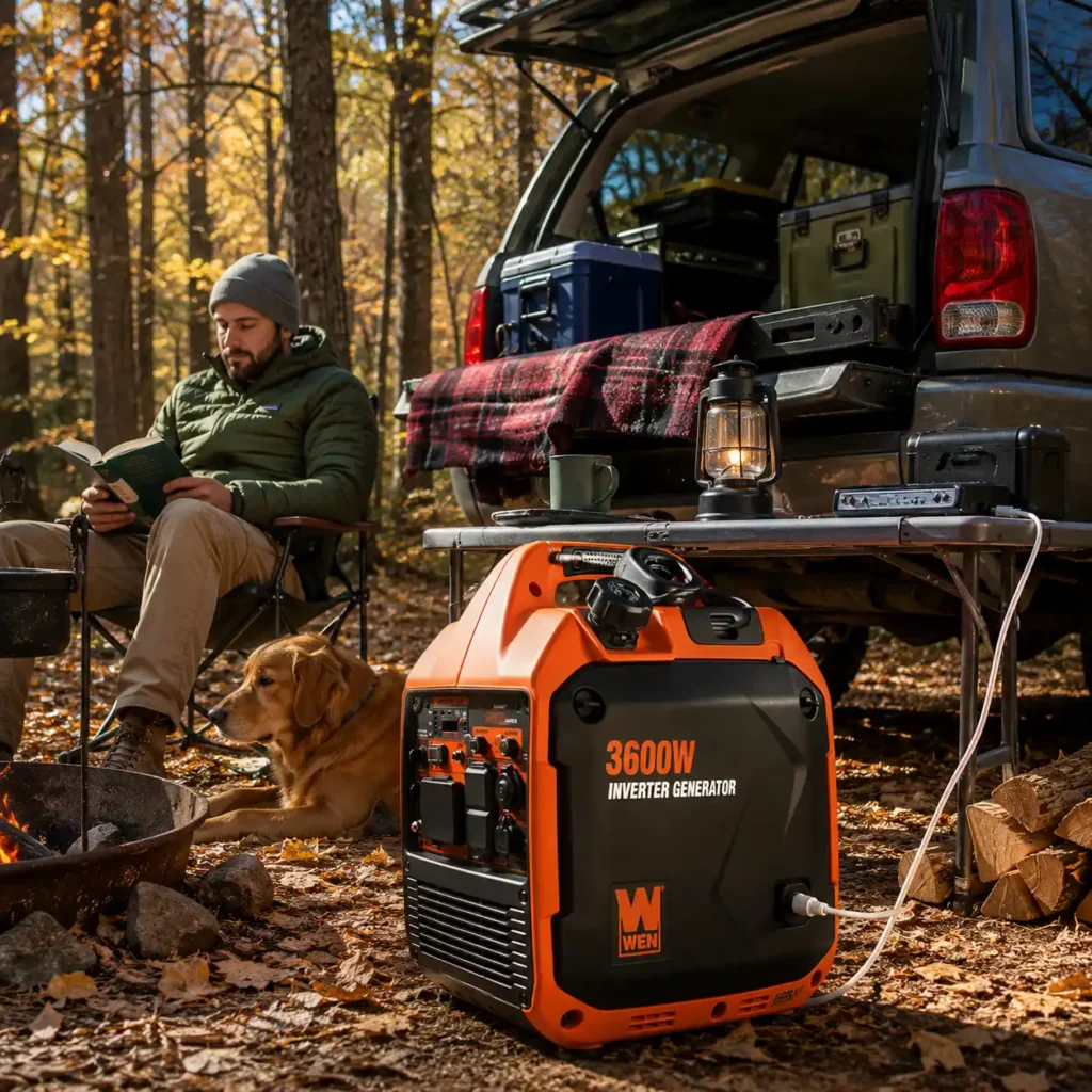 EN 3600W inverter generator powering a cozy forest campsite where a solo camper relaxes with a dog beside an SUV during an autumn camping trip.