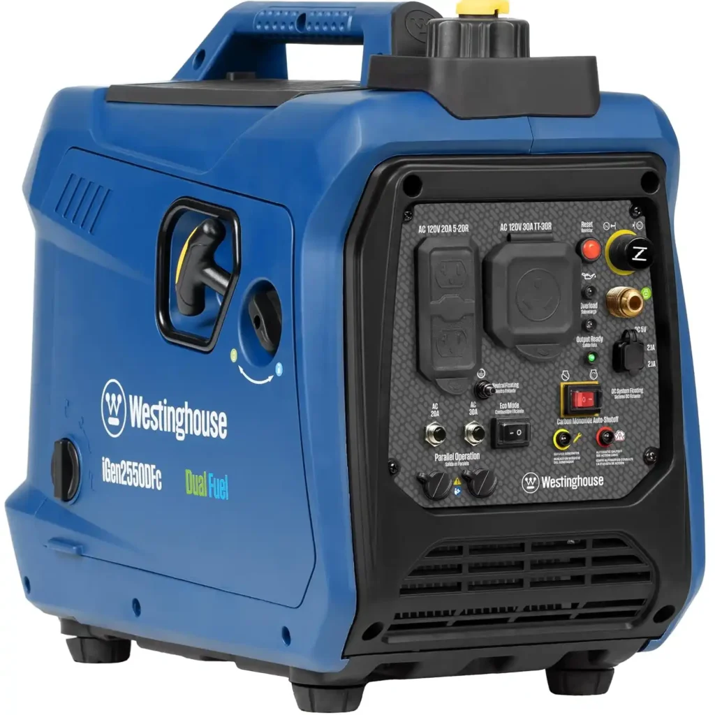 Westinghouse iGen2550DF Dual Fuel inverter generator for camping and RV travel.