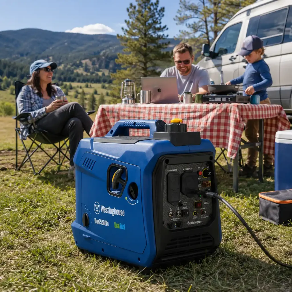 Westinghouse iGen2550DF Dual Fuel inverter generator powering a family RV campsite during a sunny outdoor camping trip with cooking, remote work, and relaxation.