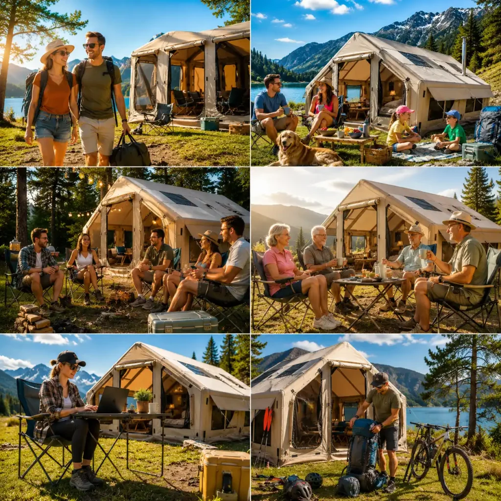 Families, couples, friends, and outdoor enthusiasts enjoying inflatable camping tents during hot weather camping