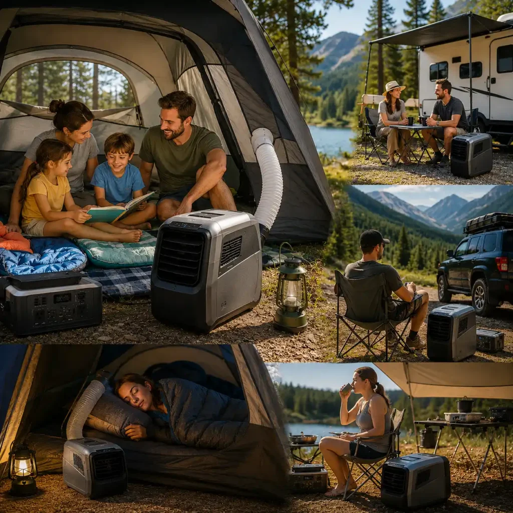 Family enjoying a cool camping tent with a portable air conditioner during a hot summer camping trip, while RV and overland campers relax nearby.
