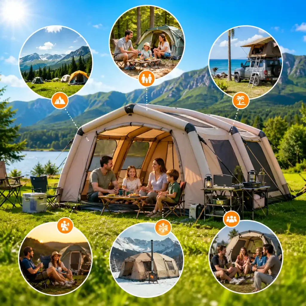 Family camping beside an inflatable camping tent at a sunny mountain campsite, showing who inflatable camping tents are best suited for.