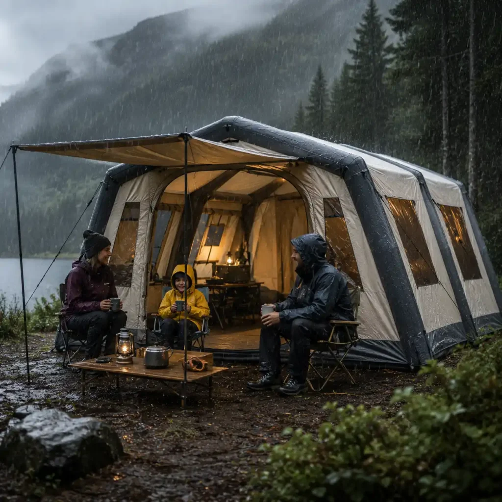 Alt: Family camping in heavy rain beside a waterproof inflatable camping tent with a spacious awning at a forest campsite