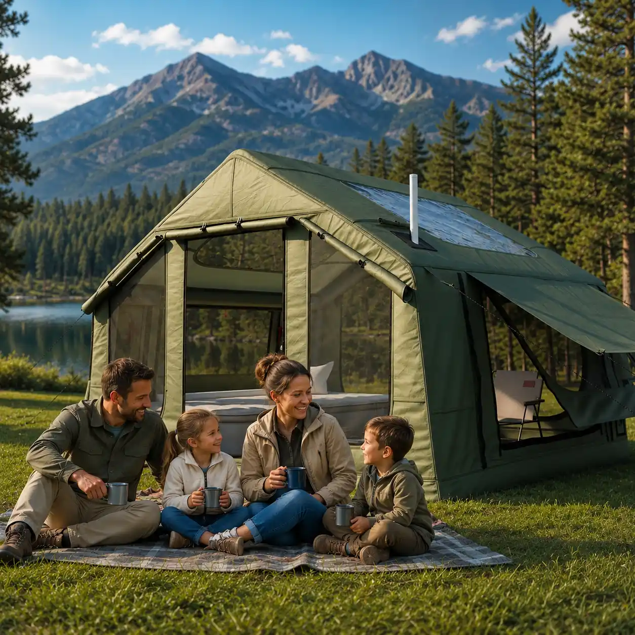 Happy family relaxing beside the YOLENY Inflatable Camping Tent 6 Person at a scenic mountain campsite, demonstrating its spacious design and comfortable family camping experience