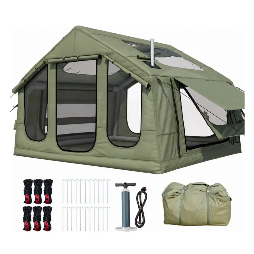 YOLENY Inflatable Camping Tent 6 Person pitched at a family campsite, featuring a waterproof Oxford fabric design, inflatable air-frame, and spacious interior for camping in rainy weather