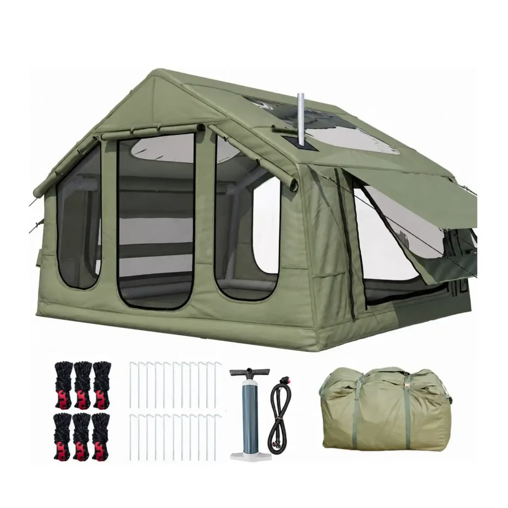 YOLENY 6 Person inflatable camping tent pitched at a windy campsite with reinforced air beams and spacious family design