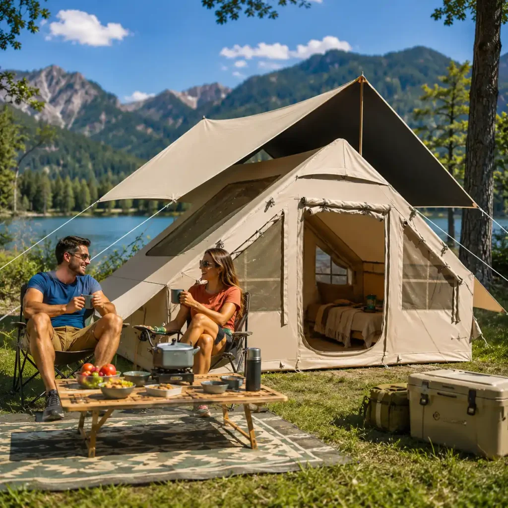Couple relaxing outside the YOLENY inflatable camping tent during a sunny lakeside camping trip
