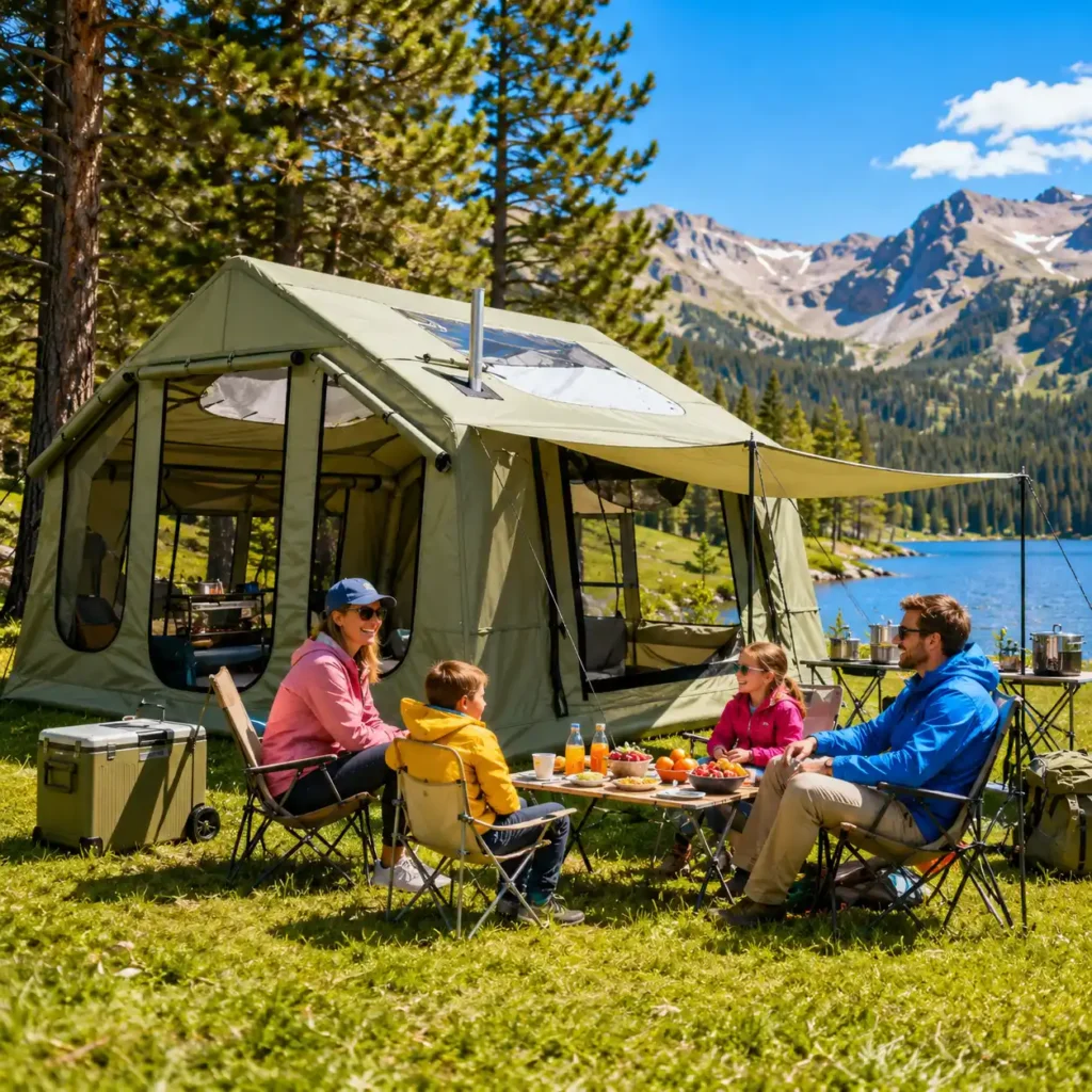Family relaxing outside the YOLENY inflatable camping tent at a sunny lakeside campsite with mountains in the background
