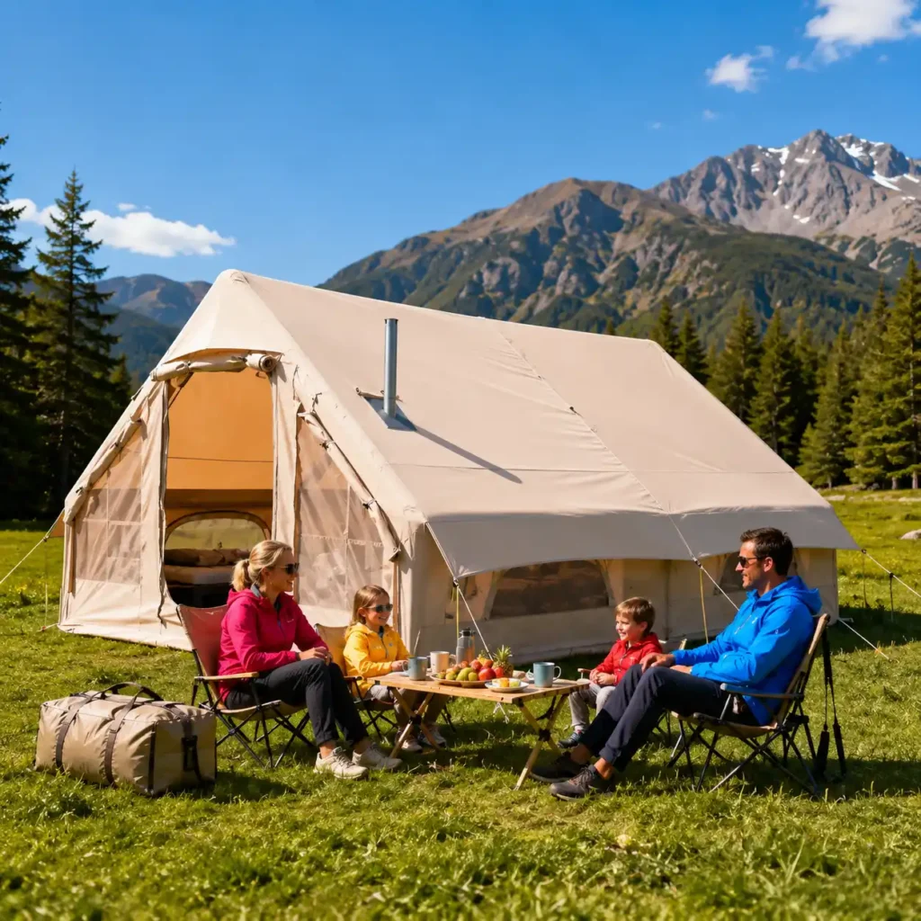 Family relaxing outside the YOLENY Inflatable Glamping Tent at a sunny mountain campsite with outdoor furniture