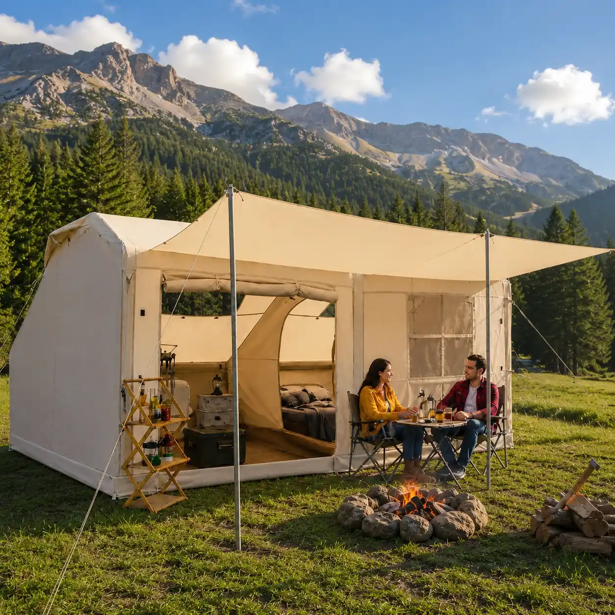 Family relaxing outside the YOLENY Large Inflatable Camping Tent 8–10 Person at a scenic mountain campsite, showcasing its spacious glamping-style layout, oversized living area, and comfortable family camping experience
