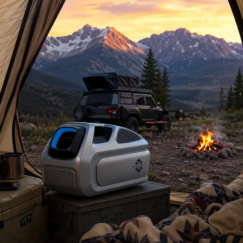 ZERO BREEZE Mark 3 portable air conditioner inside a camping tent overlooking a remote mountain campsite with an overlanding vehicle and campfire at sunset.