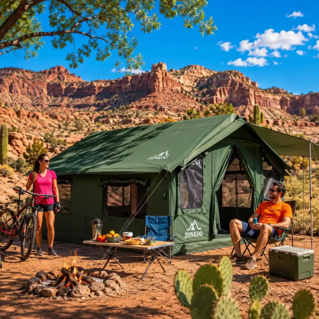 Couple enjoying desert bike camping beside the Zonkoo inflatable camping tent on a hot sunny day