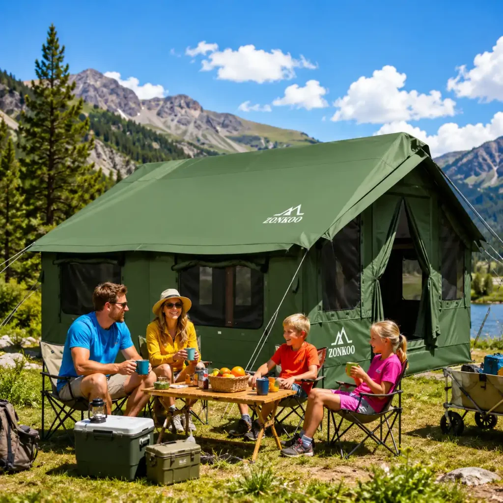 Family relaxing outside the Zonkoo Inflatable Tent Vega at a sunny mountain lakeside campsite
