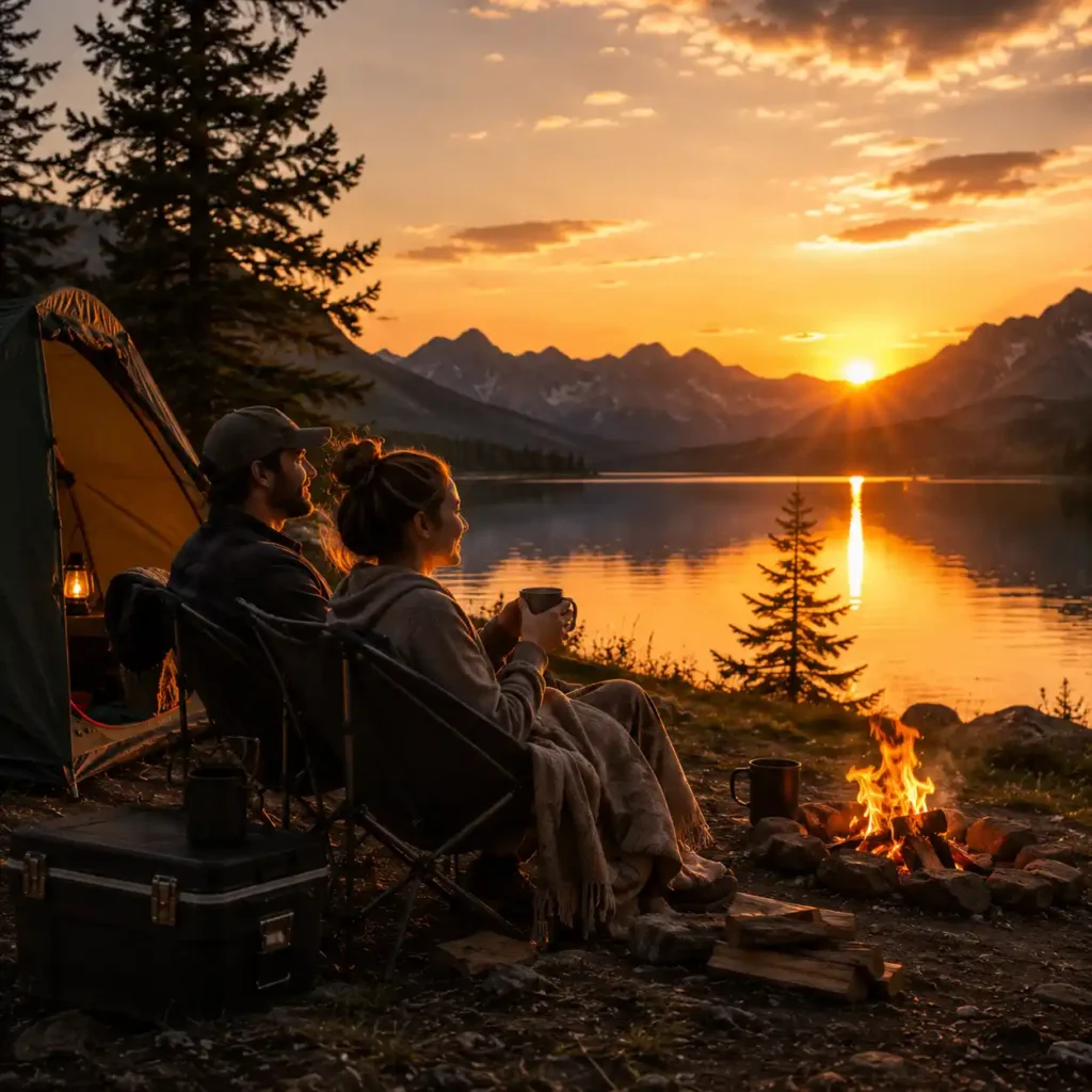 Couple relaxing beside a camping tent at sunset overlooking a mountain lake, reflecting transparency, trust, and honest camping gear recommendations.