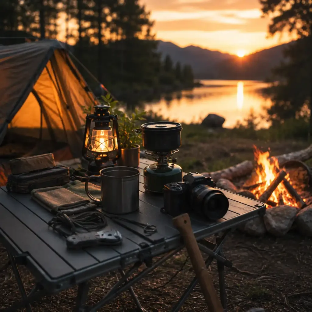 Organized camping gear, campfire, coffee mug, and tent at sunset beside a mountain lake, representing affiliate programs that support independent camping content.
