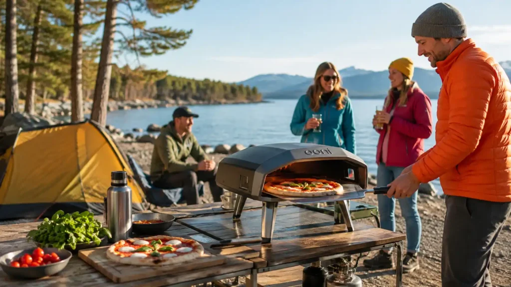 Portable camping pizza oven cooking fresh pizza at a sunny lakeside campsite with friends