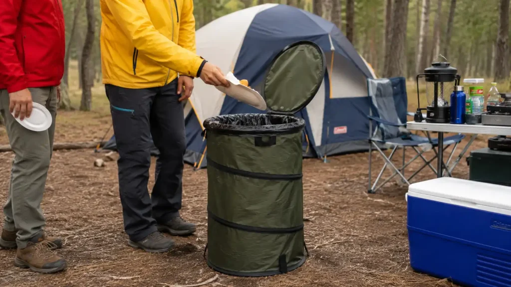 Campers using a collapsible camping trash can at an outdoor campsite