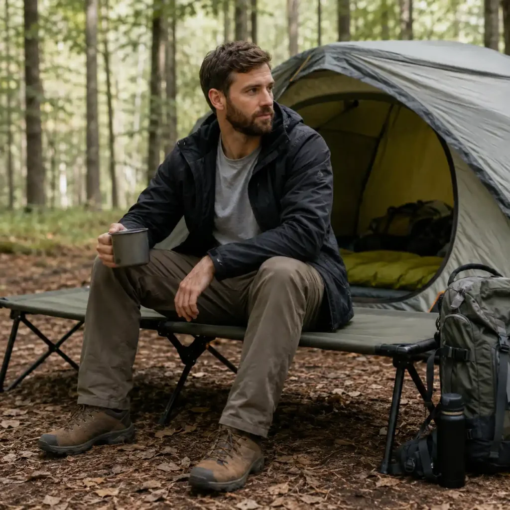 Camper sitting on a camping cot at a forest campsite beside a tent