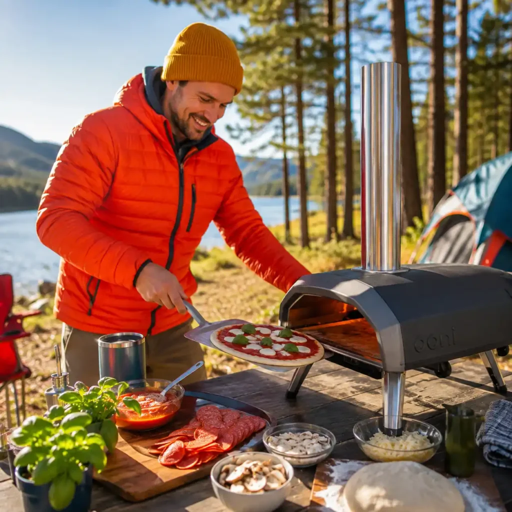Person making pizza with a portable pizza oven at a campsite