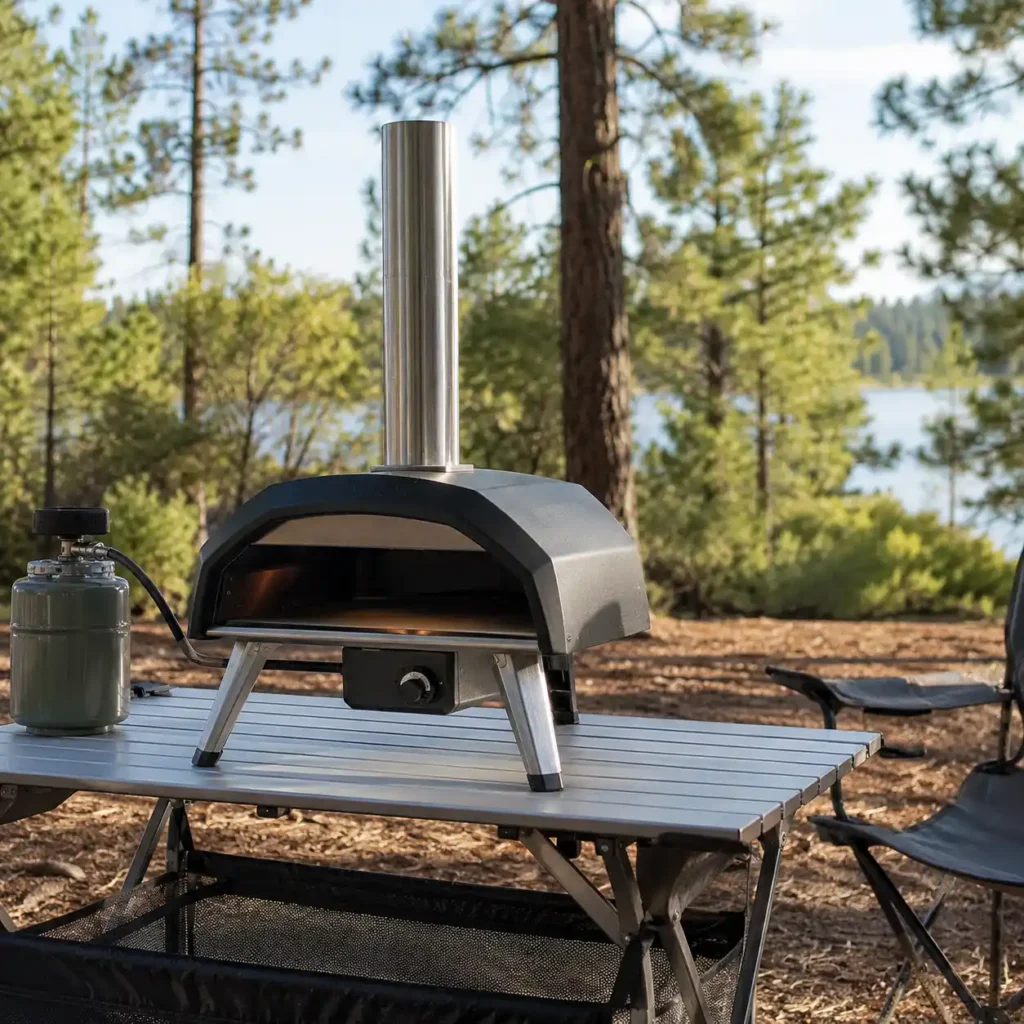 Camping pizza oven safely set up outdoors on a stable cooking surface