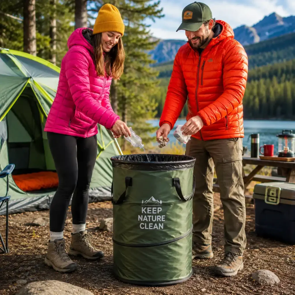 Camping trash can at an organized outdoor campsite near a lake