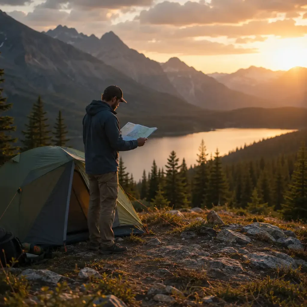 Camper researching a route beside a tent in the mountains, representing the editorial process behind trusted camping gear reviews and outdoor guides.